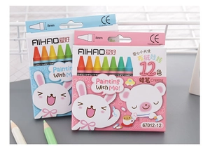 Close-up of 12-color children's crayons with cute rabbit and bear cartoon packaging