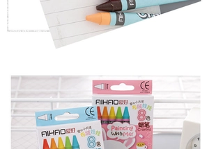 Close-up of 8mm core nib and 8-color box of children's crayons with cartoon bunny