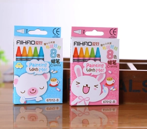 Detailed view of AIHAO 8-color wax crayons in blue and pink packs on a wooden table