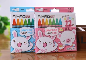 Detailed 8mm tip size of 12-color wax crayons in blue and pink cartoon packaging