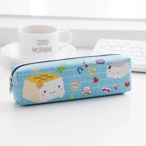 Light blue checkered pencil case with cartoon character and strawberry patterns