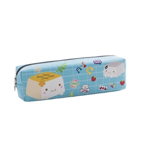 Cute large capacity light blue checkered pencil case with cartoon motifs for students