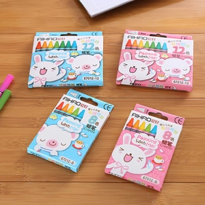 Flat lay of AIHAO 12-color children crayons on a light wooden background with CE mark