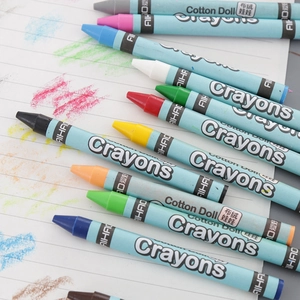 Vibrant 12-color wax crayon set for kids coloring on paper with creative doodle marks