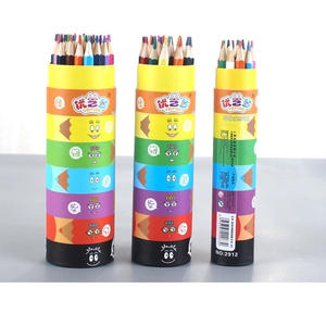 Detail of multi-color pencils in Barbapapa themed cylinder cases for kids drawing