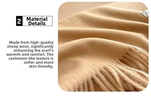 Detail view of camel wool scarf showing soft cashmere-like texture and tassel fringe edge
