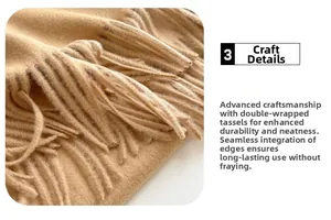 Close-up of camel wool scarf showing double-wound tassels and durable edge craftsmanship