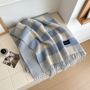 Blue and beige plaid scarf with houndstooth patterns and soft fringe tassels for winter