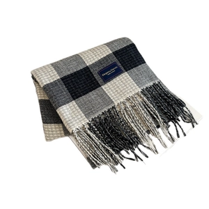 Classic black and white plaid winter scarf for women with soft tassels and warm knit texture