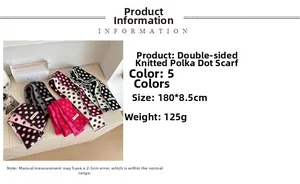 Detail view of five color options and 180x8.5cm size for double-sided polka dot scarves