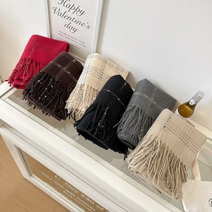 Women Plaid Scarf Imitation Cashmere Tassel Winter Warm Shawl Fashion Gold Line Stripe Long Wrap Minimalist Elegant