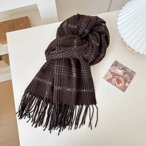 Classic dark brown plaid cashmere-like scarf with long fringe for winter warmth