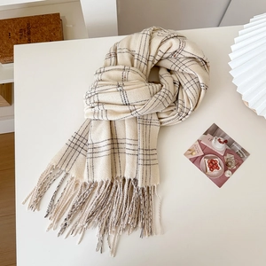 2025 stylish beige plaid knit scarf with fringes and gold stripe accents for winter warmth
