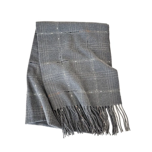 Classic dark grey plaid scarf with orange stripes and fringe, cashmere-like winter wrap