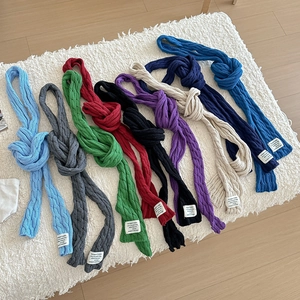 Women Korean Style Cable Knit Scarf Long Thin Neck Warmer Soft Warm Cotton Knitted Wrap Solid Color Decorative Patch
