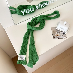 Minimalist grass green cable knit scarf for women in a stylish long narrow Korean style