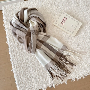 Brown and beige classic plaid scarf with fringe tassels for autumn and winter style