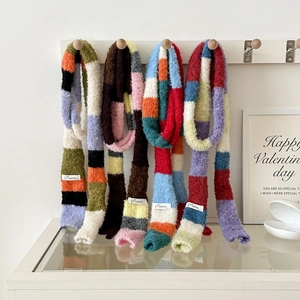 Rainbow Striped Color Block Knitted Winter Scarf Soft Mohair Look Long Narrow Neck Warmer Women Fashion Accessory