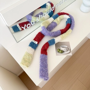 Rainbow striped knit scarf for women with soft bouclé texture in a stylish long design