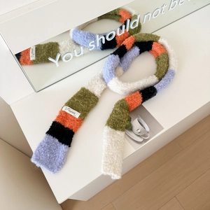 Rainbow striped knit scarf with dopamine colors and vibrant wool-like texture