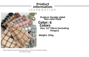 Detailed size chart showing 52x198cm dimensions for the plaid tassel scarf