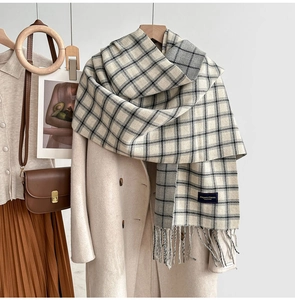 Detail of grey and cream plaid tassel scarf layered on a beige winter coat