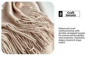 Macro shot of durable beige baby fleece scarf with woven fringe and reinforced edging detail