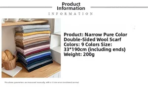 Detailed specs of narrow double-sided wool blend scarves with fringes in nine solid colors