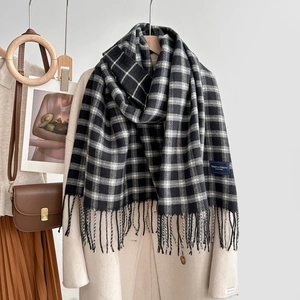 Soft black and white checkered cashmere-like scarf with long tassels and elegant label