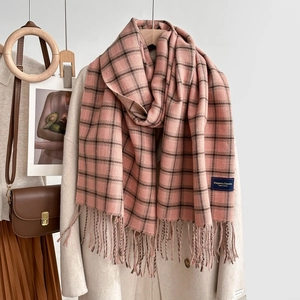 Pink and black plaid cashmere-like scarf with fringe and elegant woven label