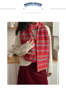 Close-up of Fair Isle knit scarf featuring red winter pattern and vintage label detail