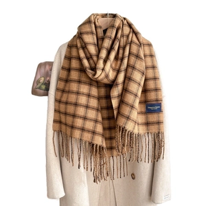 Classic brown plaid cashmere-like scarf with tassels and elegant woven label