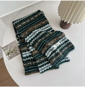 Detail of retro Fair Isle wool blend scarf showing geometric jacquard knit and brand label