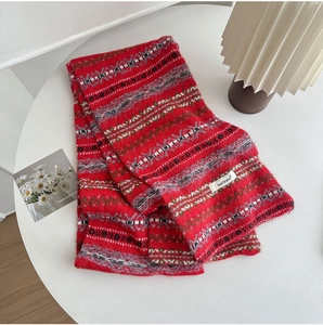 Close-up of Fair Isle knit scarf with snowflake patterns and thick wool texture