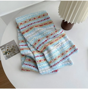 Close-up of Fair Isle knit scarf with blue and red geometric jacquard wool texture
