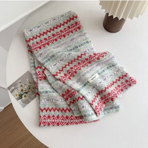 Detail of Fair Isle wool blend knit scarf with vintage geometric pattern and brand label