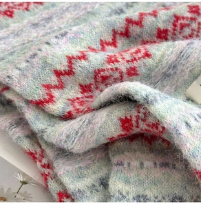 Macro detail of Fair Isle wool blend knit scarf with fluffy texture and wavy patterns
