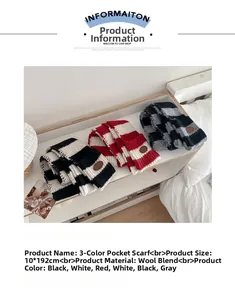 Detail view of wool blend striped pocket scarf featuring natural leather logo patch