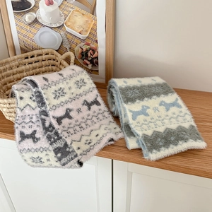 Vintage Fair Isle Knitted Scarf Women Winter Warm Double Sided Jacquard Cute Dog Cat Pattern Soft Waxy Neck Muffler