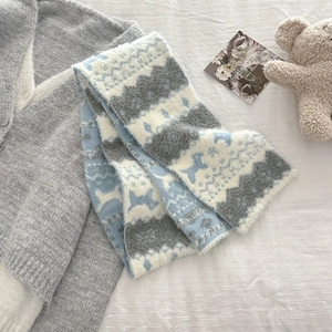 Close-up of Fair Isle knit scarf featuring blue and grey geometric jacquard texture