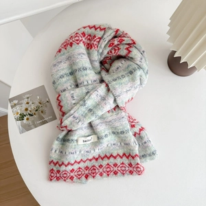 Fair Isle pattern wool blend knit scarf with vintage geometric stripes for winter warmth