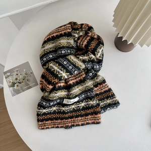 Thick Fair Isle wool blend knit scarf with colorful geometric wave patterns for winter