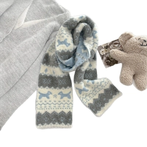 Fair Isle vintage knit scarf with puppy patterns and snowflake motifs in cream and blue