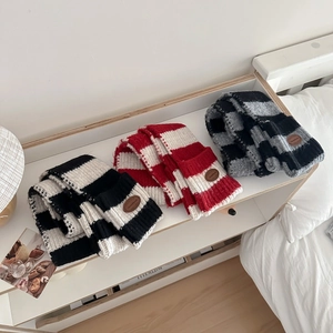 Winter chunky knit wool blend striped scarves in multiple colors with leather patch detail