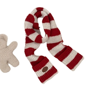 Knitted wool blend scarf with red and white horizontal stripes and leather label detail