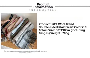 Close-up of wool blend plaid scarf textures and specifications for winter styles