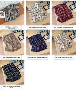 Detailed grid view of diverse houndstooth and plaid scarves with soft fringe tassels