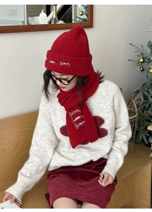 Close-up of red wool knitted scarf and hat set featuring dachshund embroidery detail