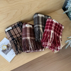 Women Winter Plaid Scarf Thickened Warm Imitation Cashmere Shawl With Tassel Fringe Korean Preppy Style
