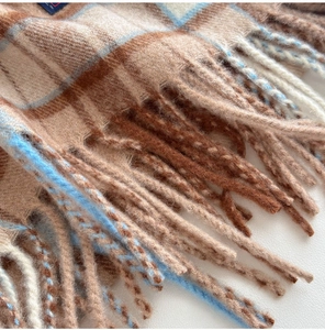 Detail shot of classic plaid wool scarf with elegant tassels and fine woven texture